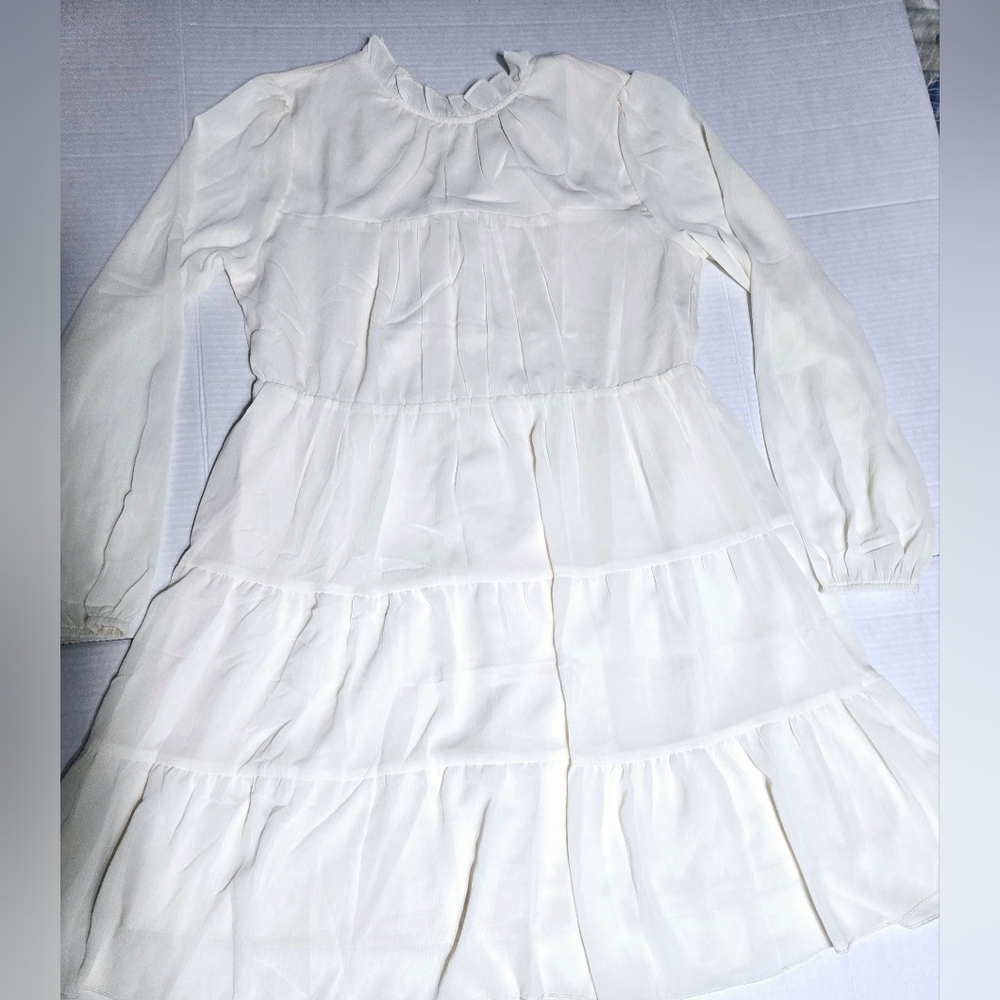 Cream Sheer Long Sleeve Ruffle Mick Neck Tiered Dress Size Small - Picture 4 of 12